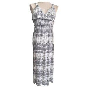 Tie-Dye Maxi Sun Dress By Feathers Spaghetti Straps High Waist Gray White Size M